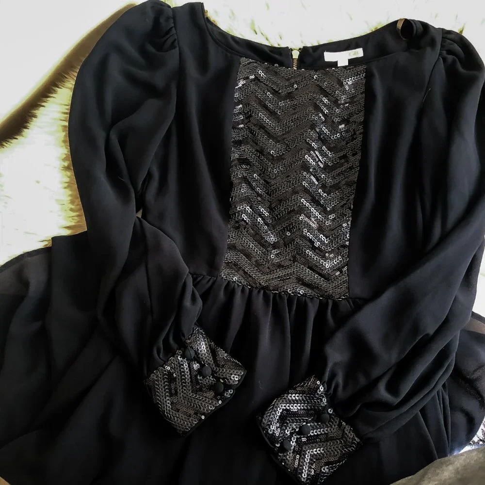 Gianni Bini Black Sequin Hi-Low Cocktail Dress | Long Sleeve | Size 5 - Picture 5 of 10